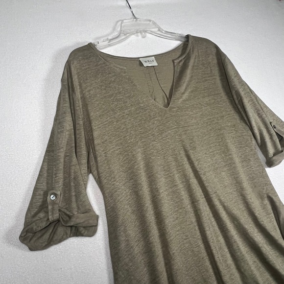 WRAP London Linen Tunic US 10 V-Neck 3/4 Sleeve Roll Tab Side Split Olive Sage - Picture 4 of 16